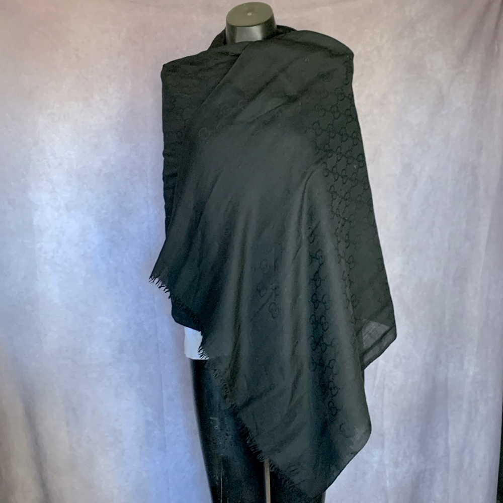 Gucci Black Monogram Scarf Shawl Sheer Wrap